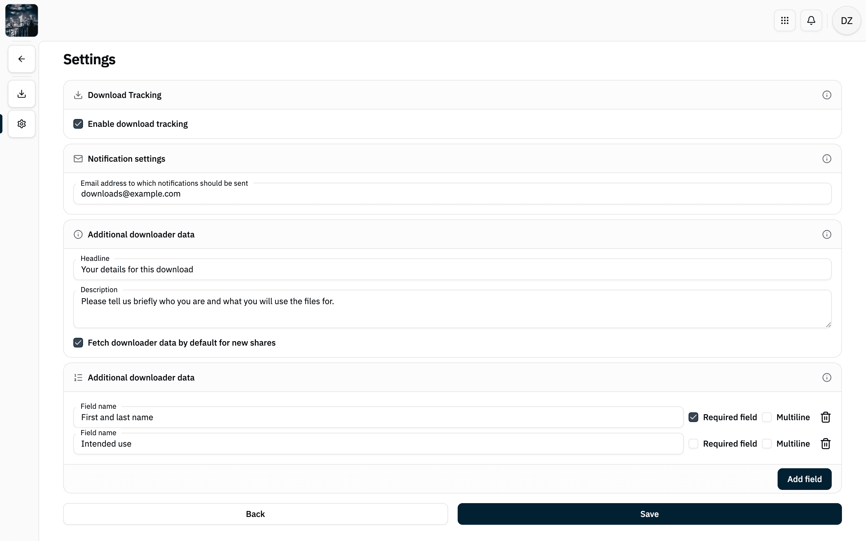 Settings of the Downloads add-on with download tracking enabled, an email address, headline, description, and two fields