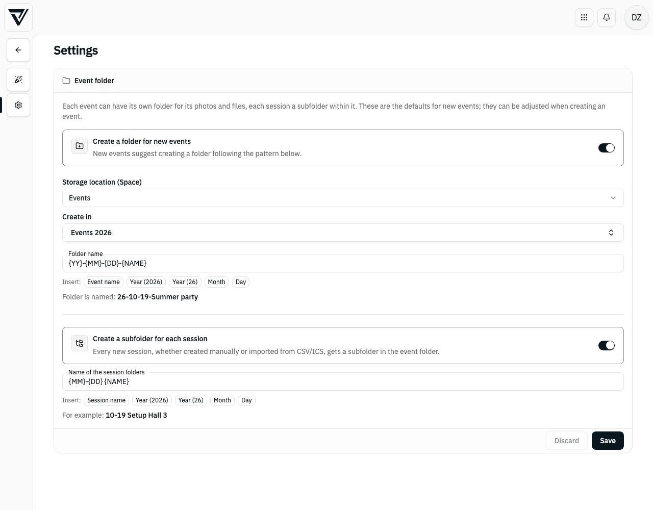 Event folder settings with storage location, name pattern and preview