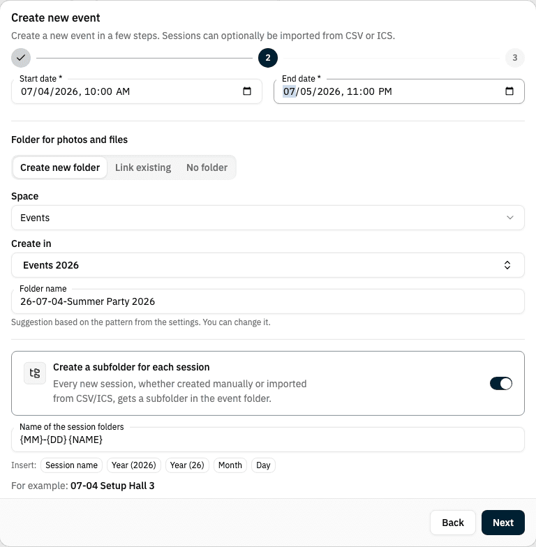 The "Create new event" dialog with the event folder section