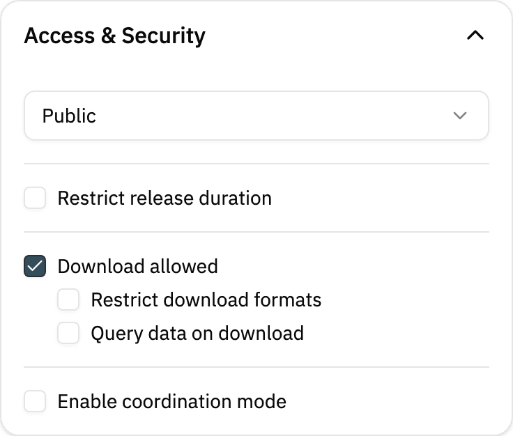 Access & Security section of a share with the Download allowed and Query data on download options