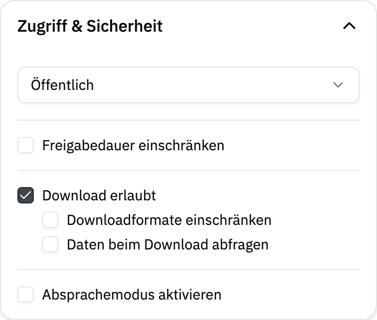 Bereich Zugriff & Sicherheit einer Freigabe mit den Optionen Download erlaubt und Daten beim Download abfragen