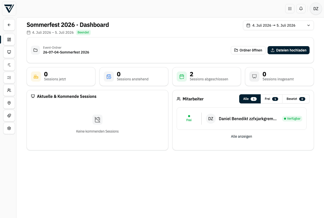 Dashboard eines Events mit Event-Ordner