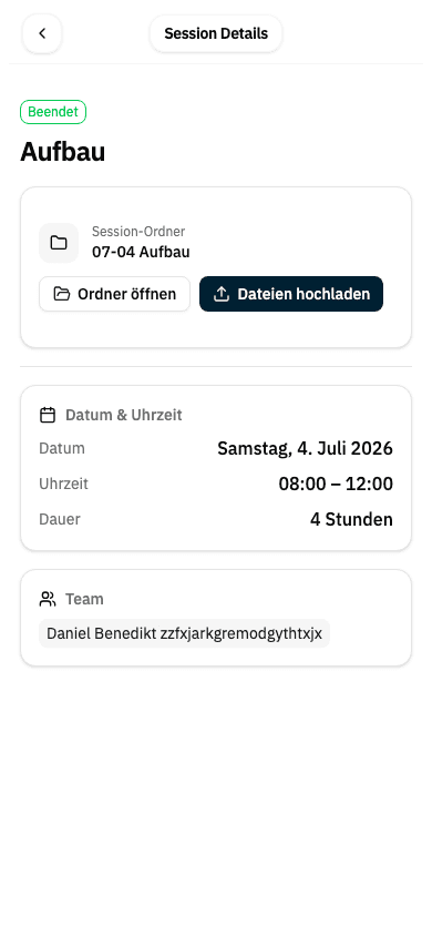 Session-Ansicht auf dem Smartphone mit Session-Ordner