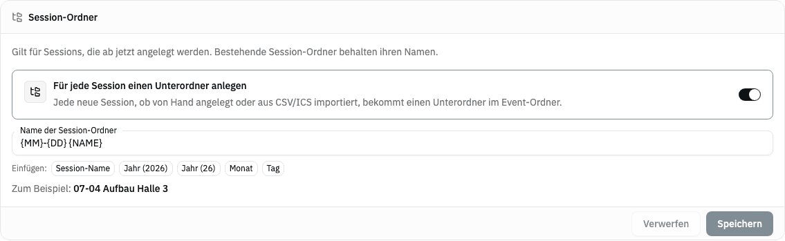 Bereich „Session-Ordner“ in den Einstellungen eines Events