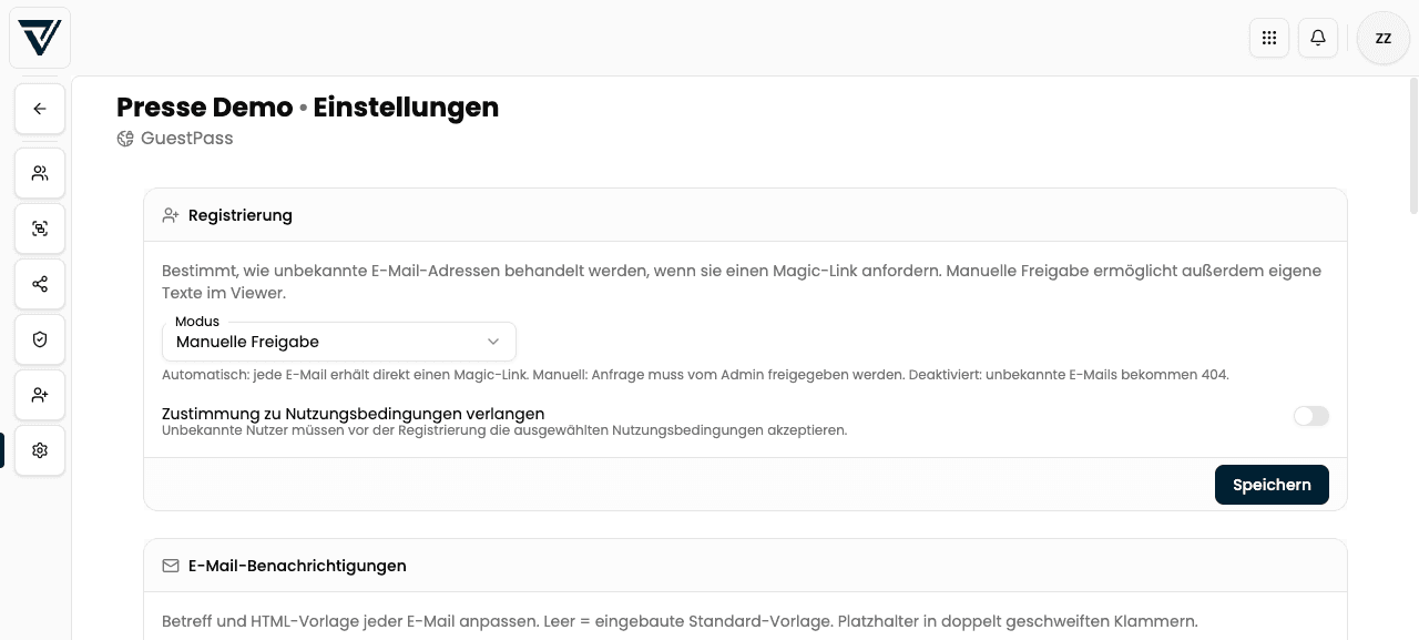 Reiter Einstellungen: Registrierung und Nutzungsbedingungen