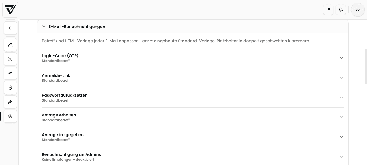 E-Mail-Vorlagen für Login-Code, Magic-Link und Registrierung