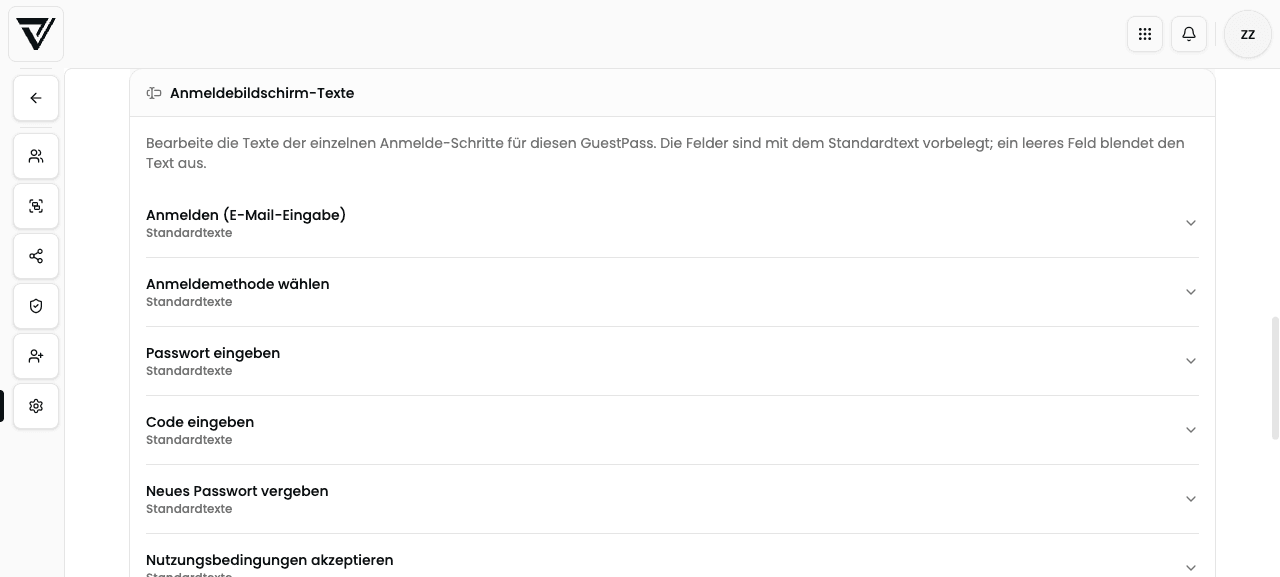 Anmeldebildschirm-Texte für einzelne Schritte