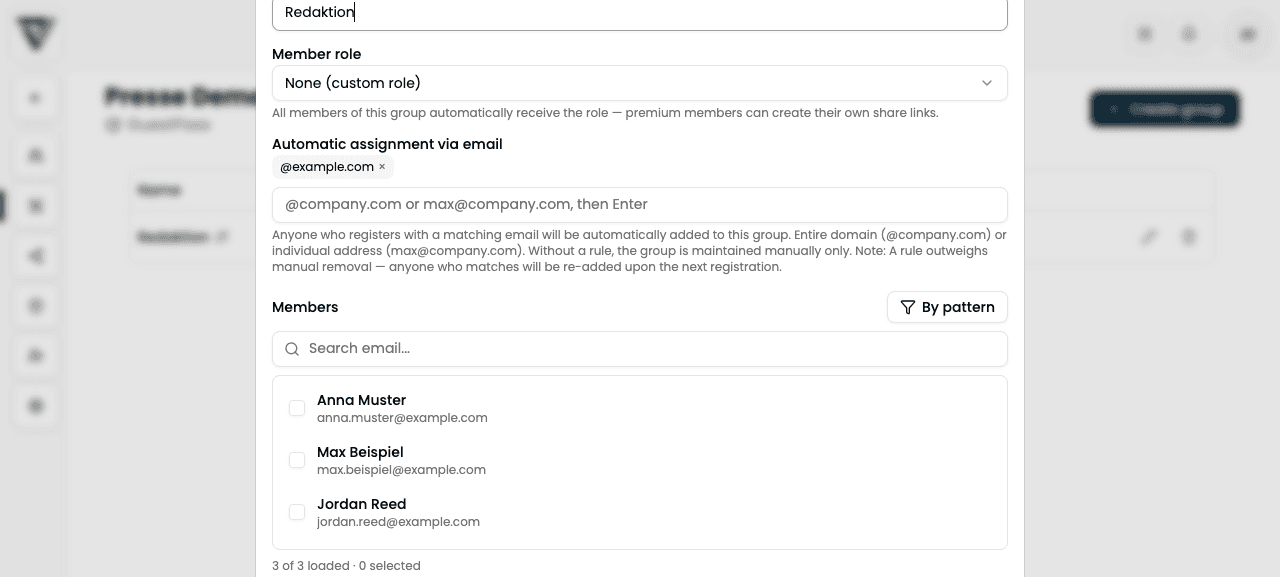 Edit group dialog with members and email rules