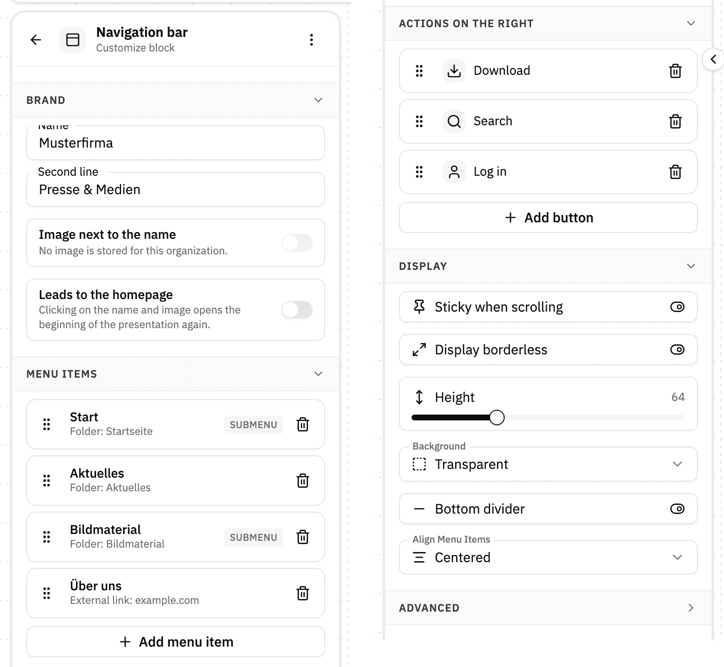 Navigation bar sidebar as two halves side by side: brand and menu items on the left, actions on the right and display on the right