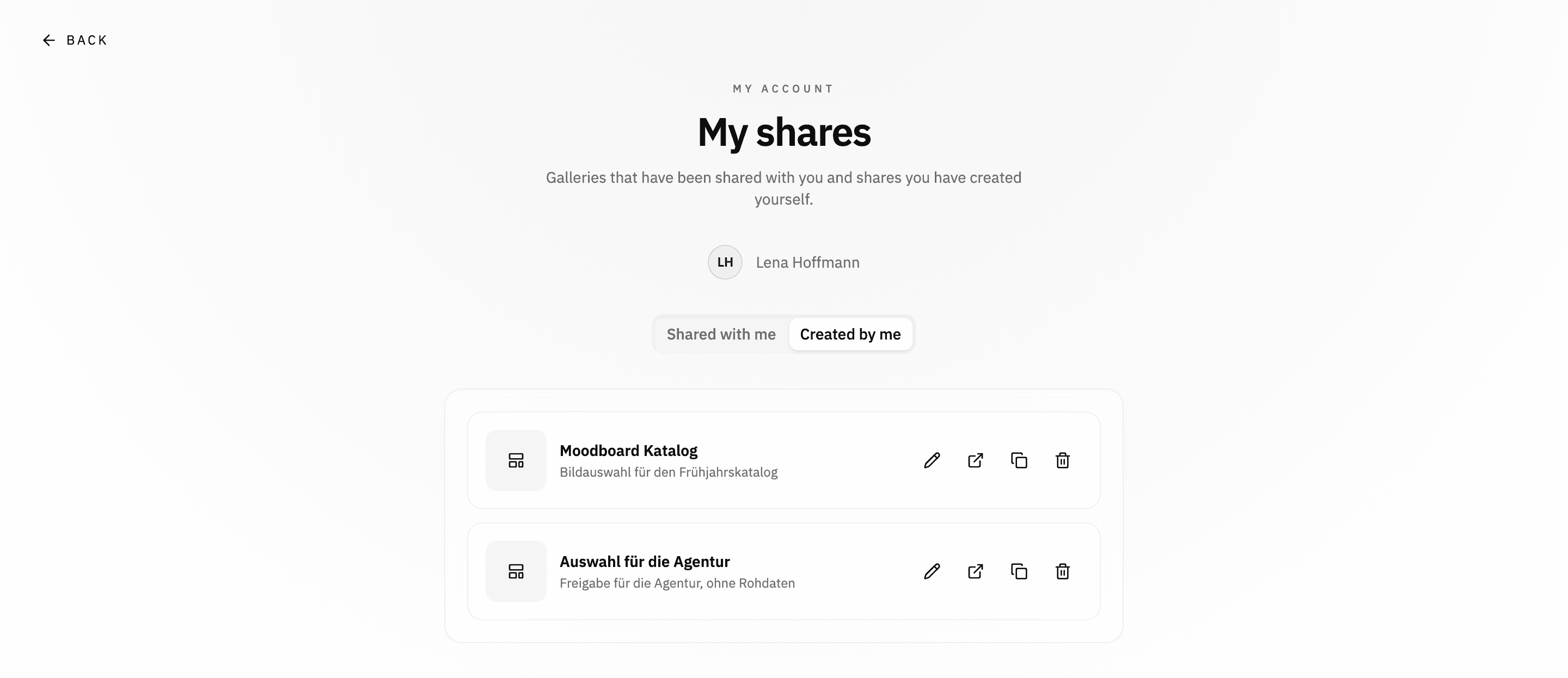 The My shares page with the Created by me list
