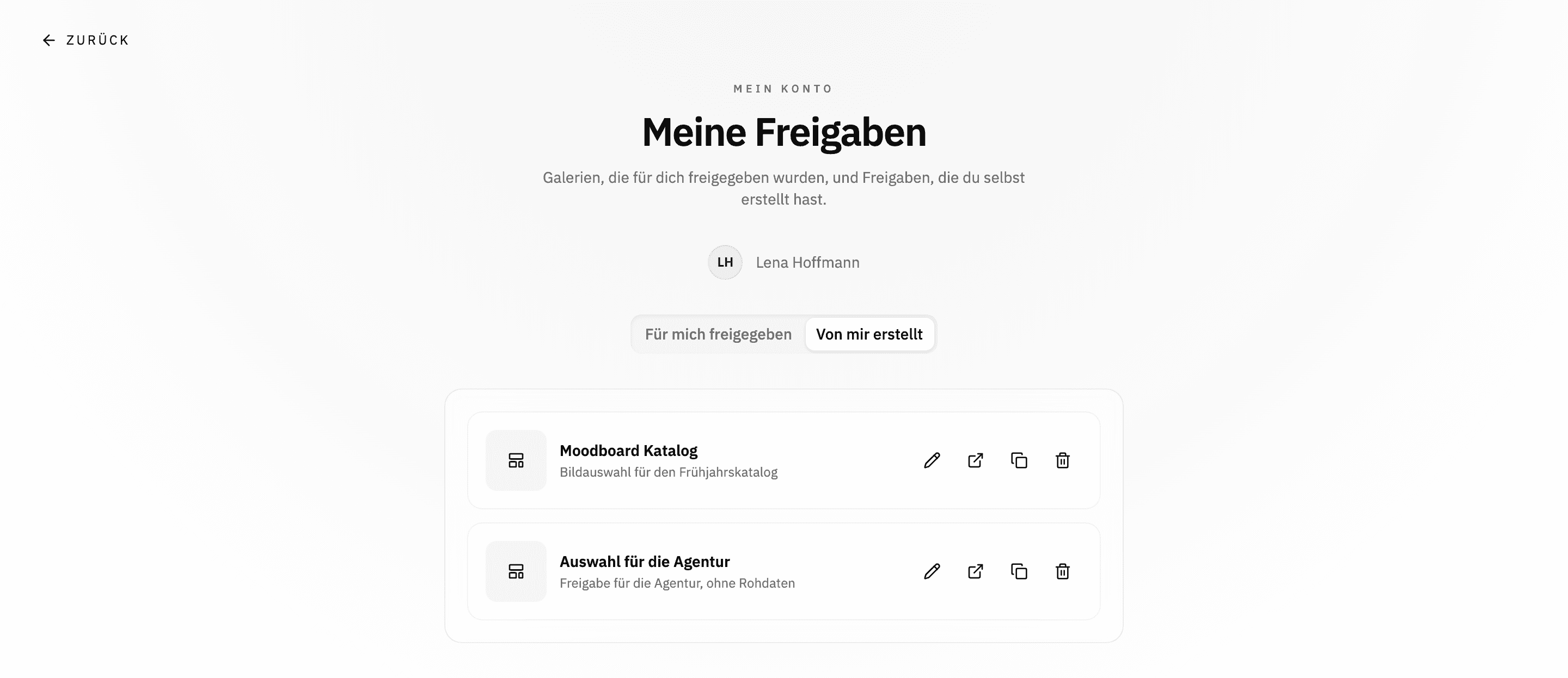 Die Seite Meine Freigaben mit der Liste Von mir erstellt