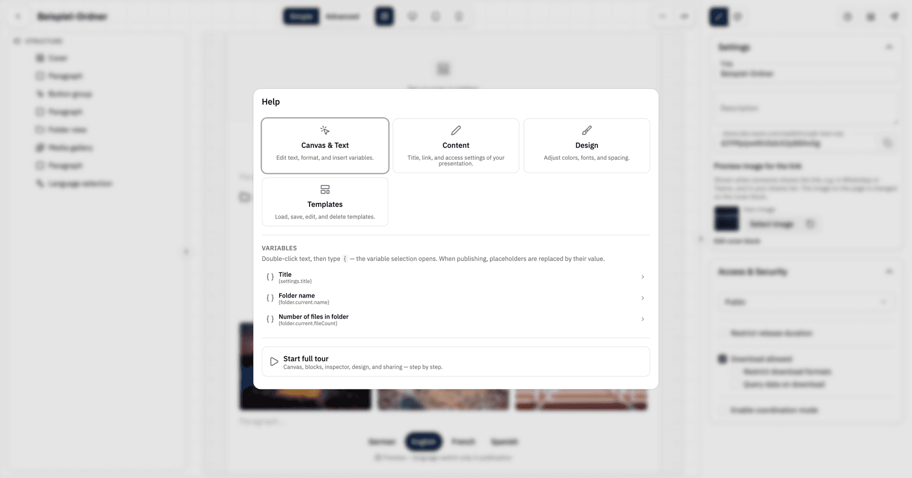 Help dialog in Presentation Studio with Canvas, Content, Design and Templates