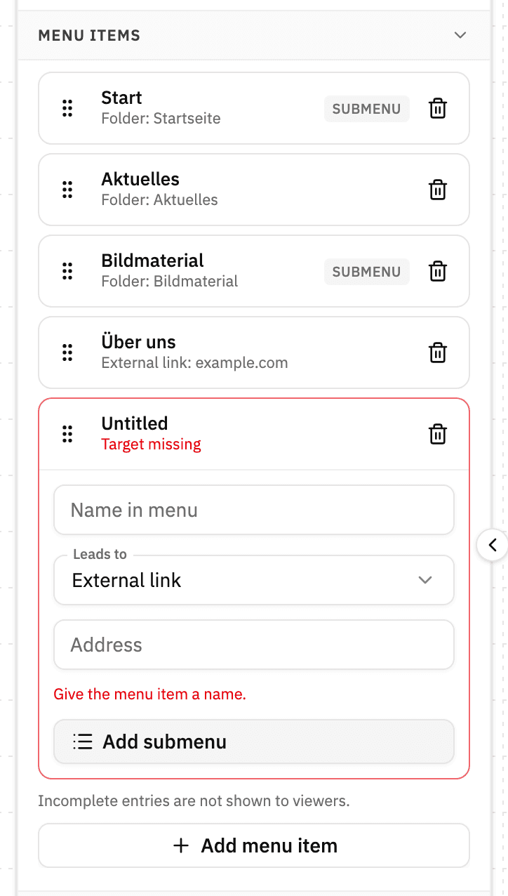 Menu item without a name and without a target, marked in red, with the note that incomplete entries are not shown to viewers