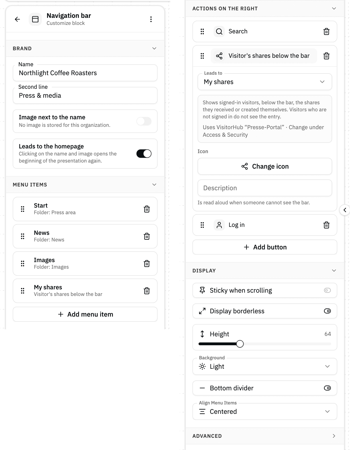 Sidebar of the navigation bar block, shown as two halves side by side: Brand and Menu items with the My shares entry on the left, Actions on the right with the My shares action expanded and Display on the right