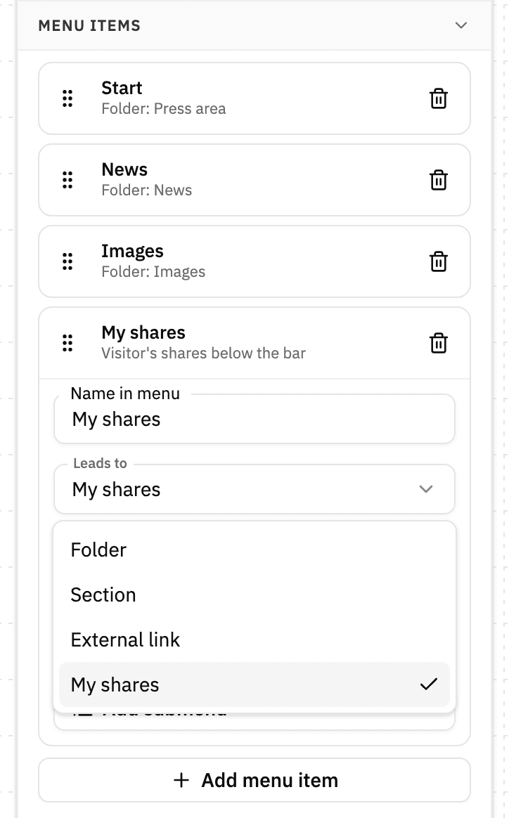 Expanded My shares menu item with the "Leads to" picker open: Folder, Section, External link and My shares