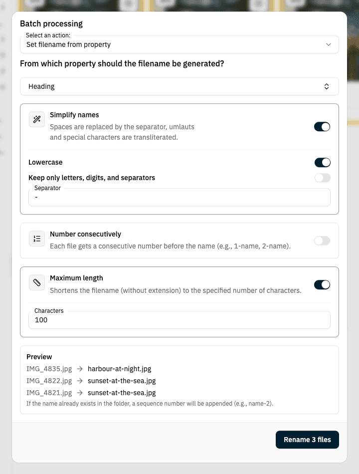 Batch processing: set filename from property