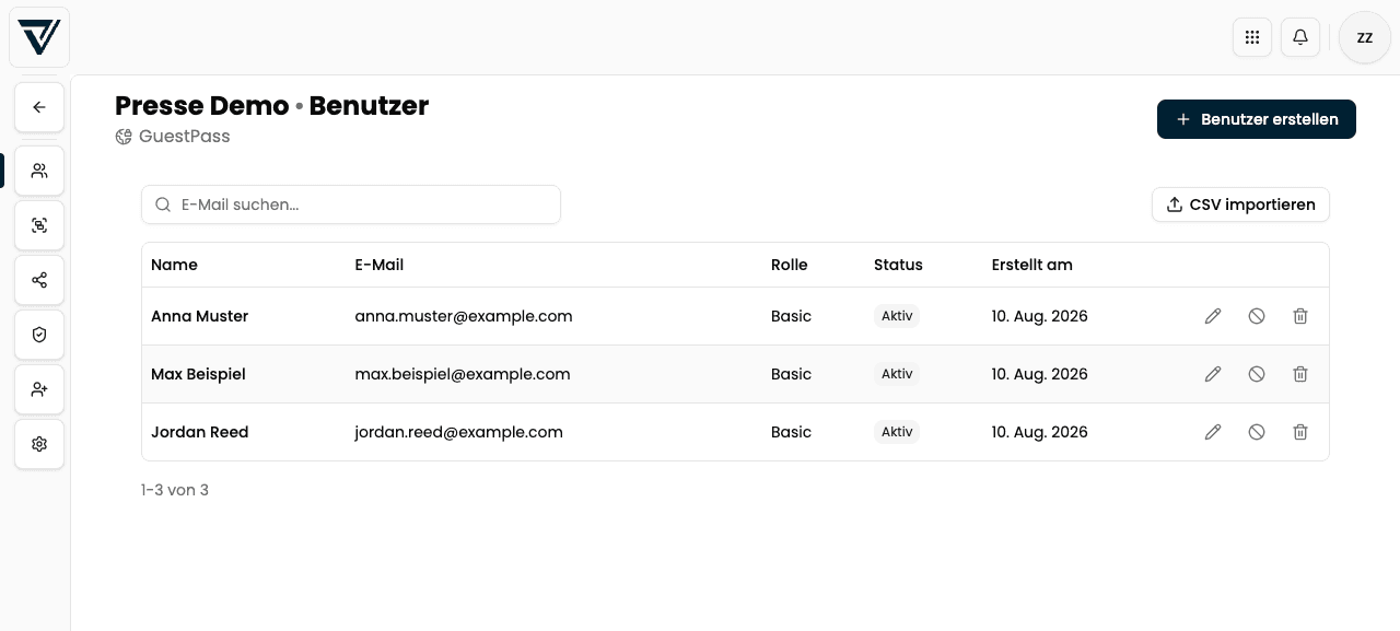 Reiter Benutzer mit Tabelle und Aktionen