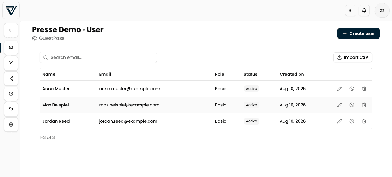 Users tab with table and actions