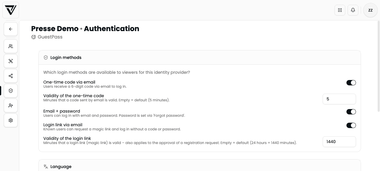 Authentication tab with sign-in methods
