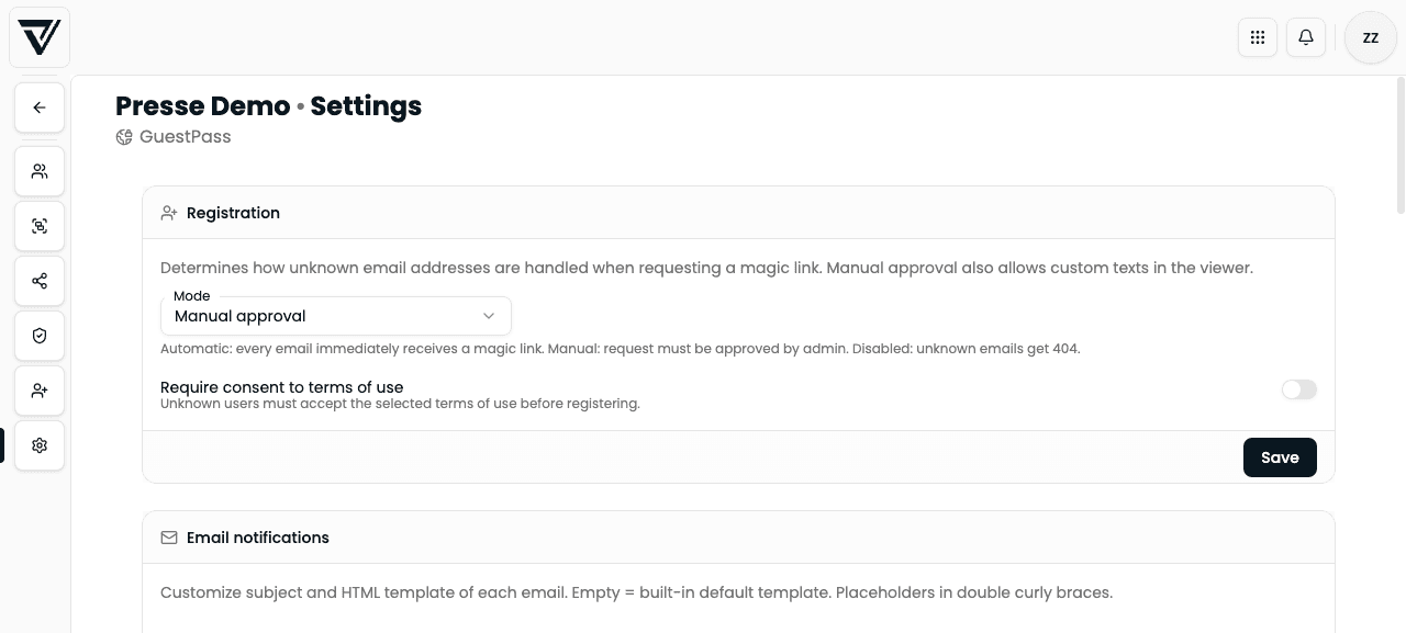 Settings tab: registration and terms