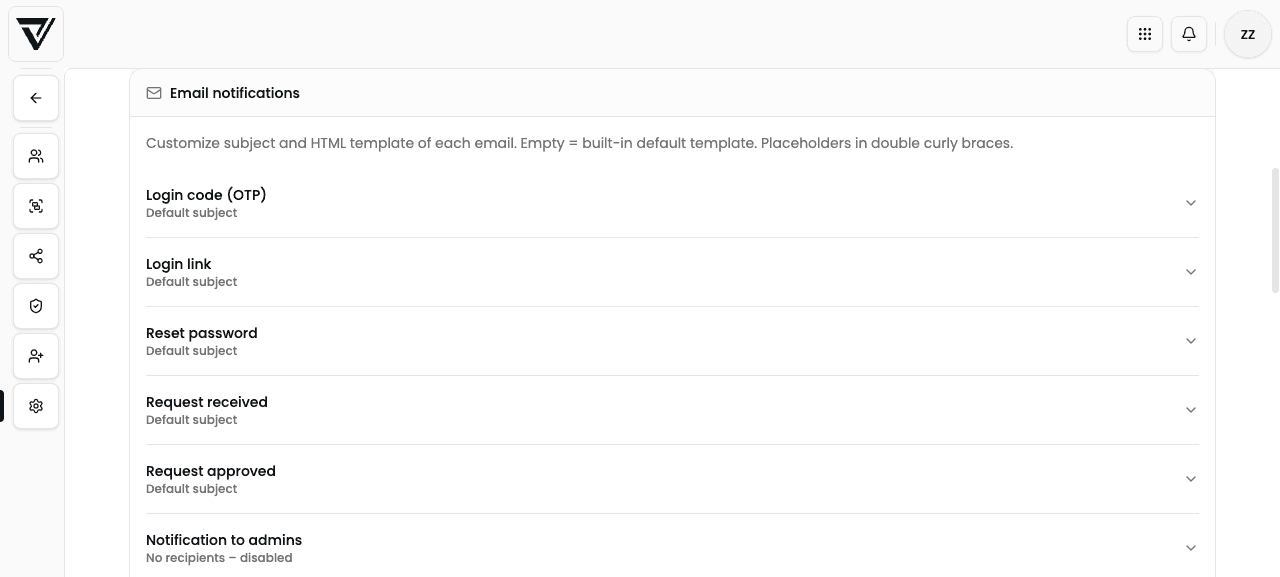 Email templates for login code, magic link, and registration