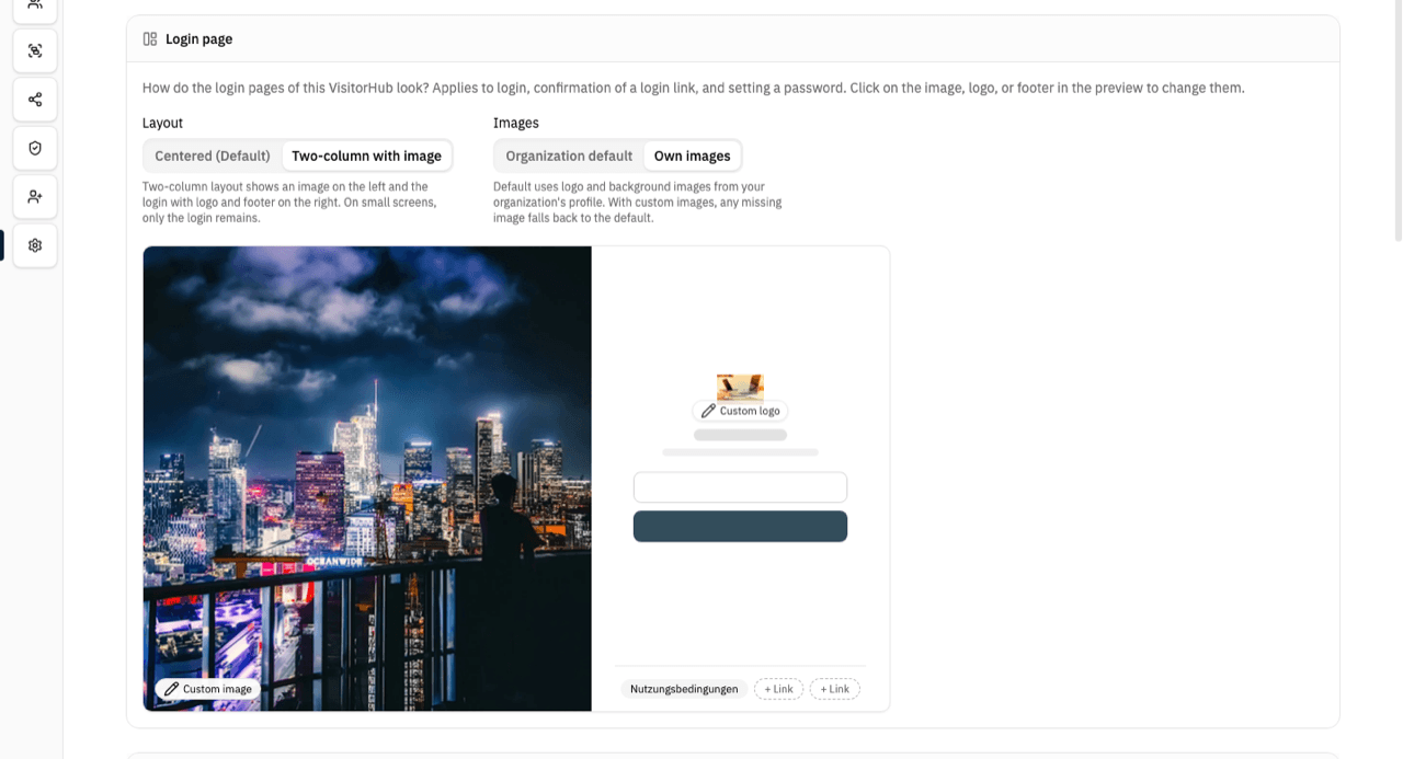 Login page: layout, images and footer links