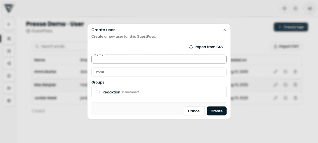 Create user dialog with name, email, and groups