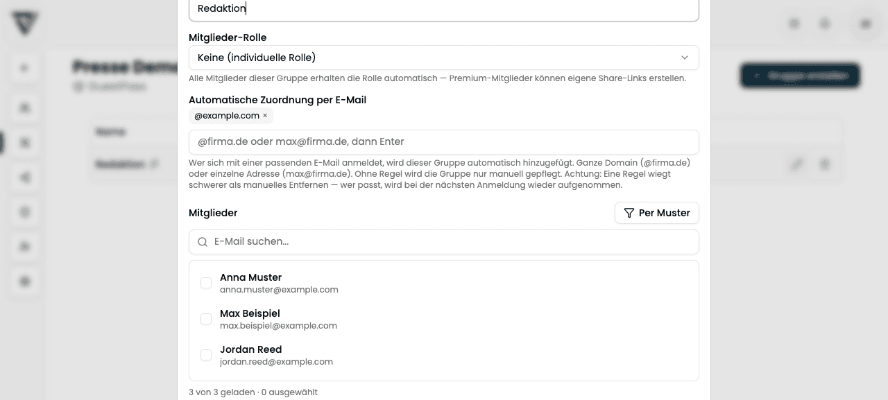Dialog „Gruppe bearbeiten“ mit Mitgliedern und E-Mail-Regeln