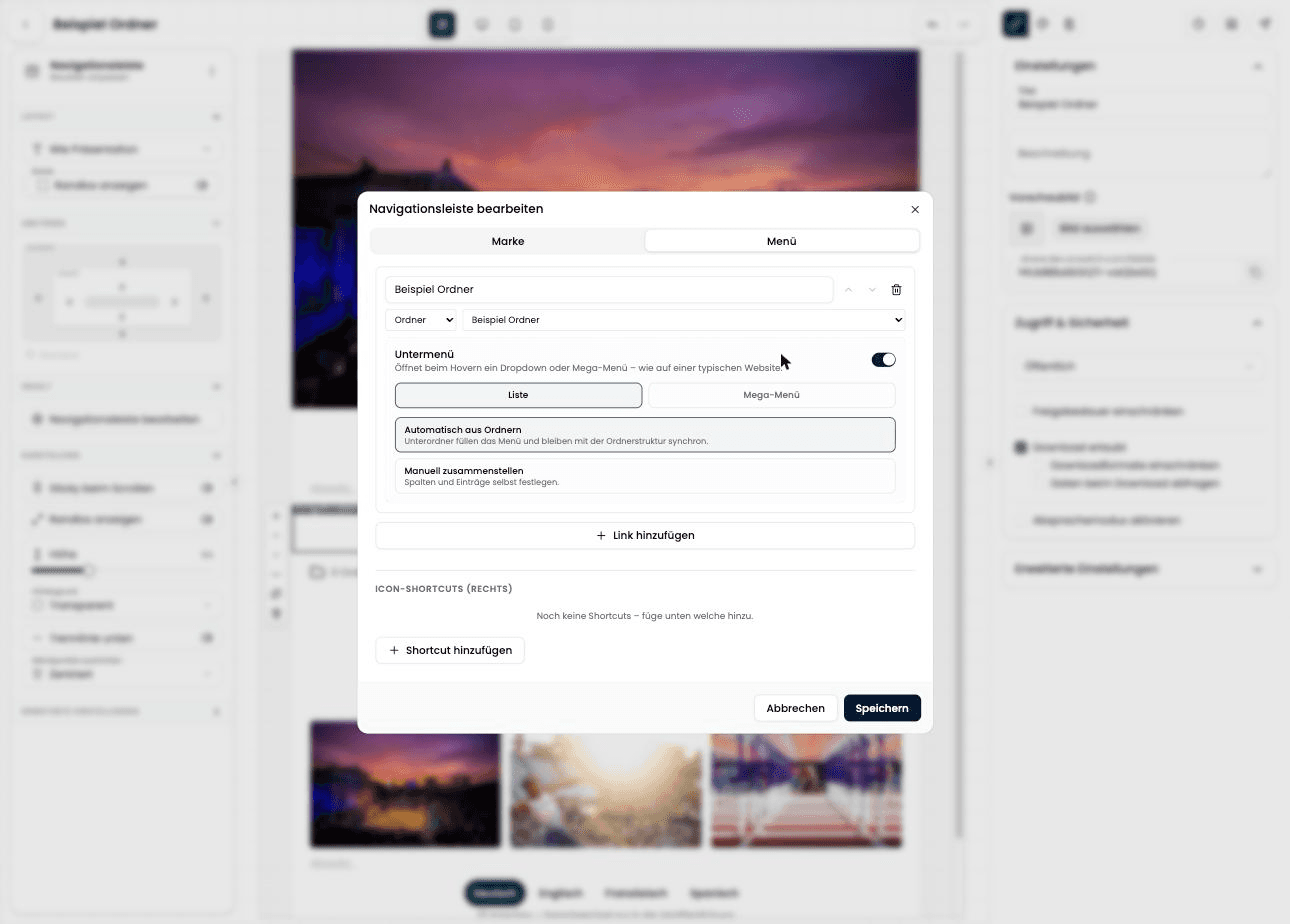 Dialog „Navigationsleiste bearbeiten" mit Menüpunkten und Icon-Shortcuts