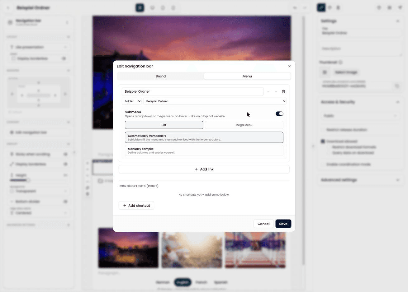 Edit navigation bar dialog with menu entries and icon shortcuts