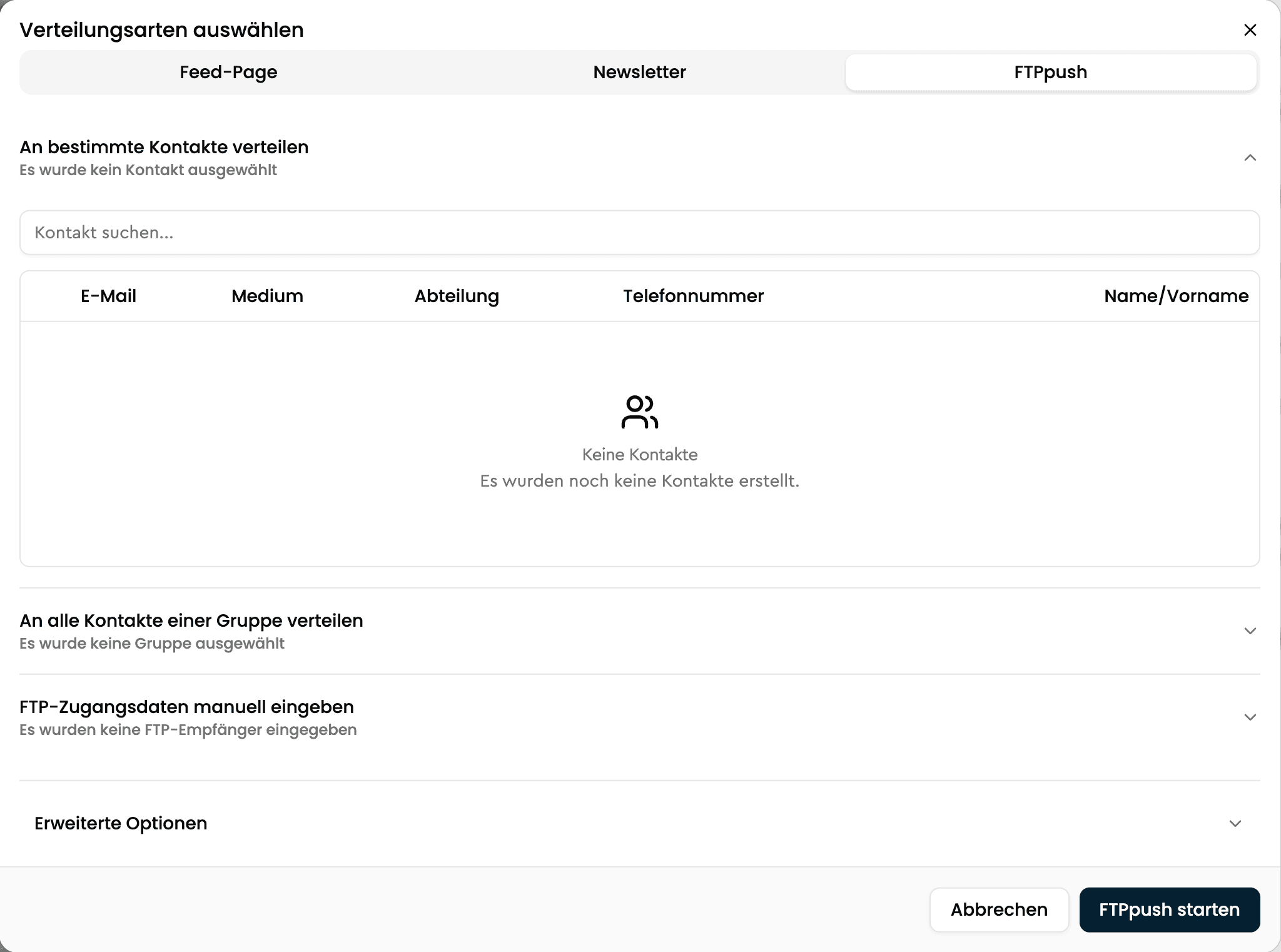 FTPpush-Dialog mit Empfängeroptionen