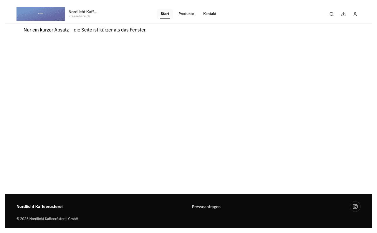 Published short page with a navigation bar and one paragraph; the dark footer sits at the bottom edge of the window with empty space above it