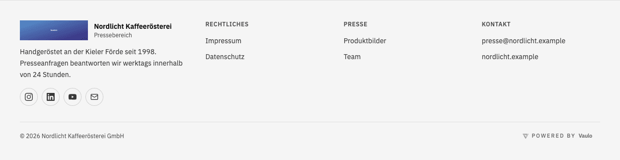 Published footer with brand, short text and icons on the left, three link columns and below them the copyright line and Powered by VAULO