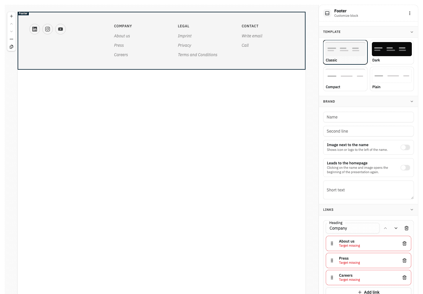Footer sidebar with the four templates at the top, brand and links below; on the canvas the footer with placeholder links in three columns