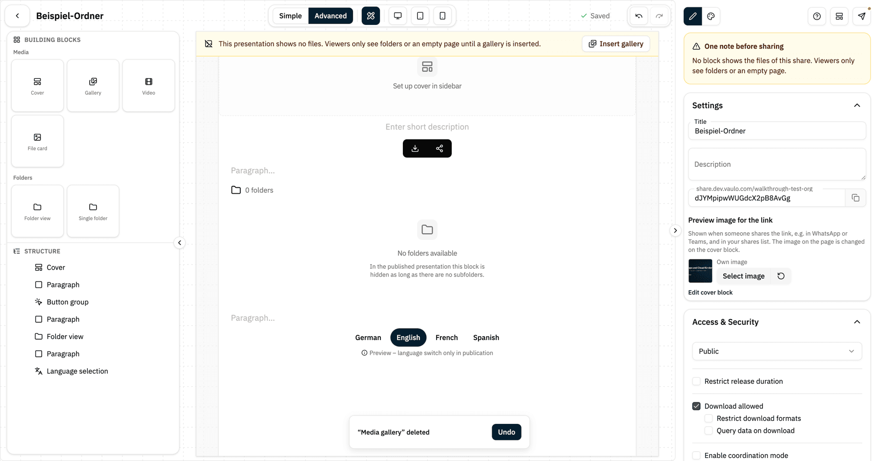 Notice for a presentation without a gallery and the Insert gallery button