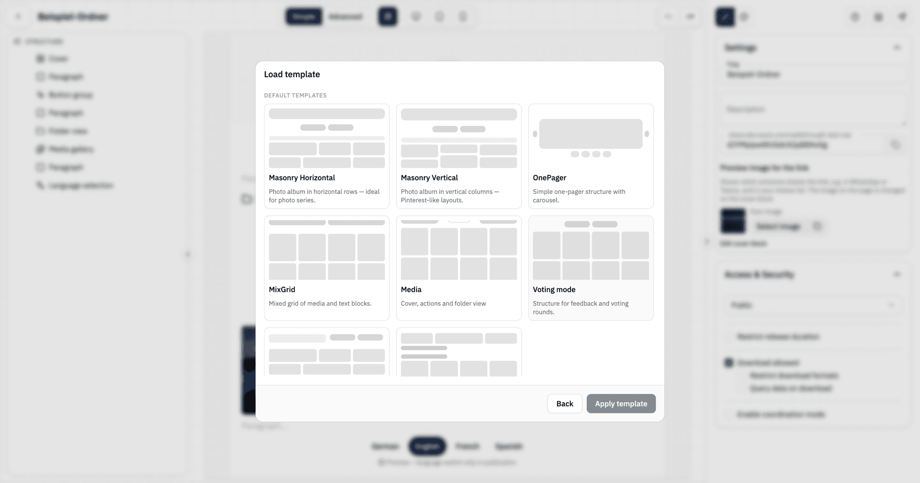Templates dialog with built-in and custom templates