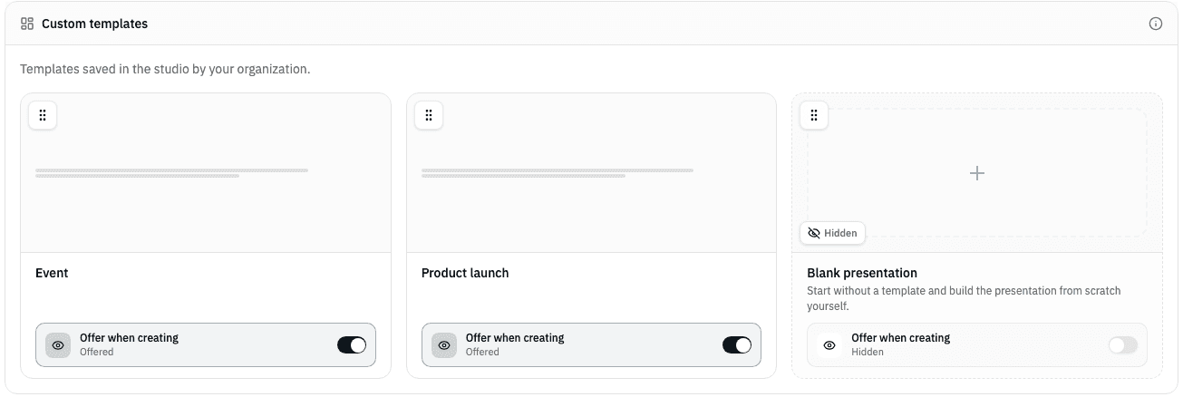 Custom templates in a custom order; the blank presentation is hidden