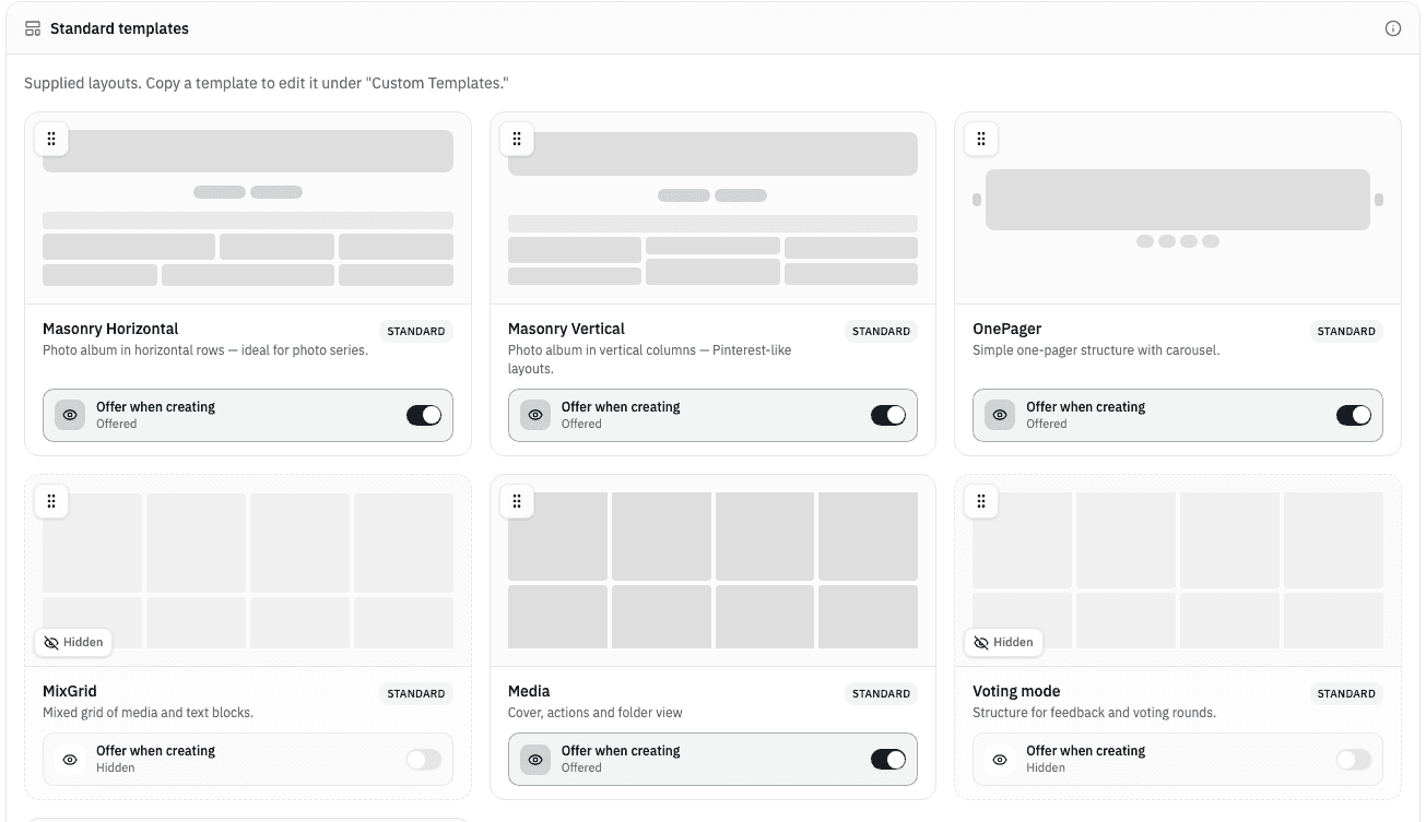 Standard templates with the "Offer when creating" switch; MixGrid and Voting mode are hidden
